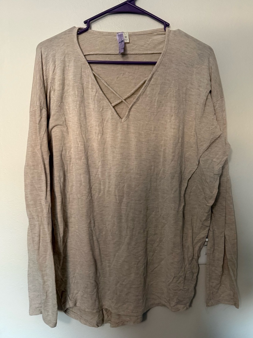Women’s Taupe Long Sleeve Top Medium Criss Cross V Neck Casual Basic